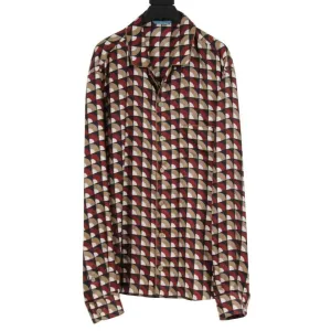Red Tan Geometric Silk Button Down Pajama Shirt