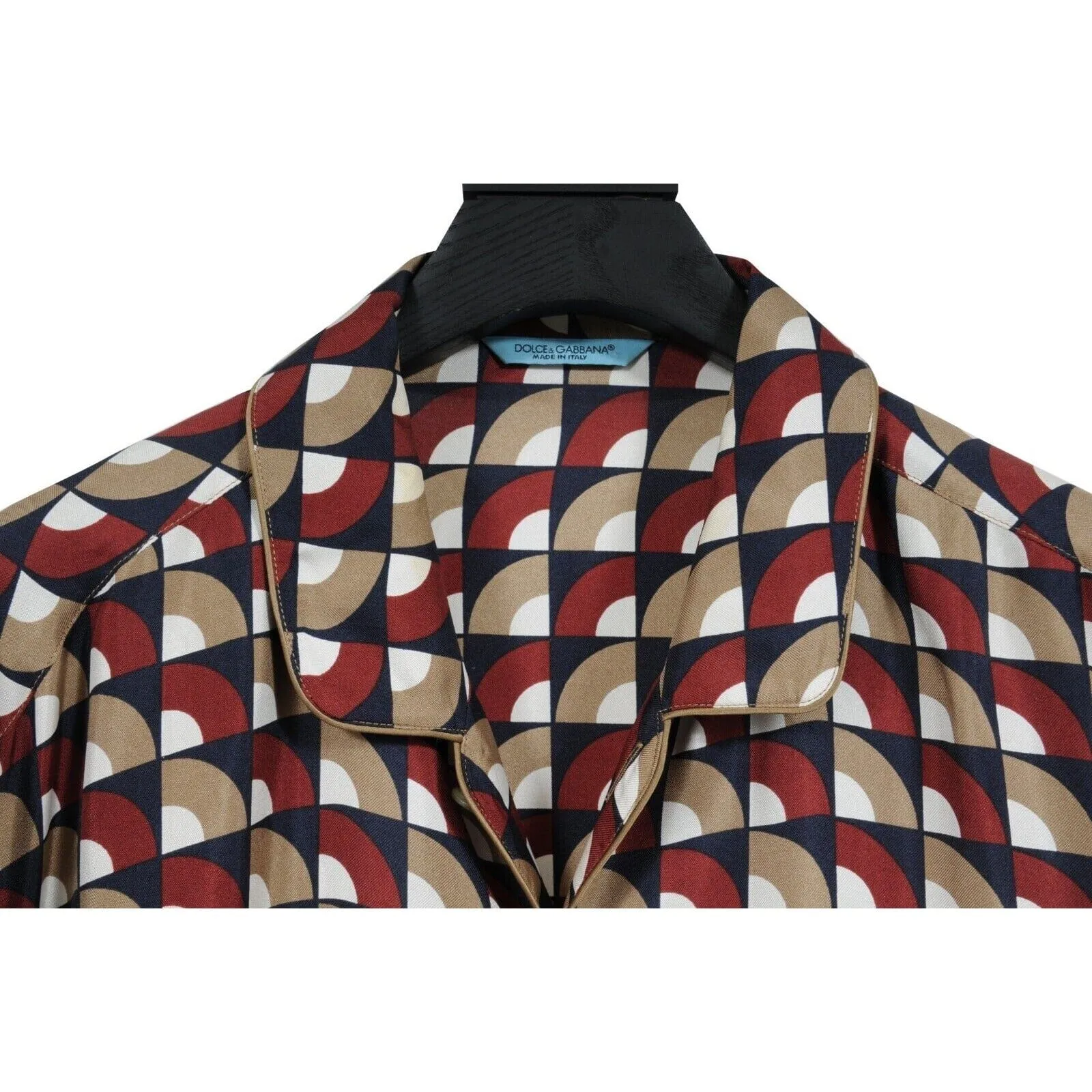 Red Tan Geometric Silk Button Down Pajama Shirt
