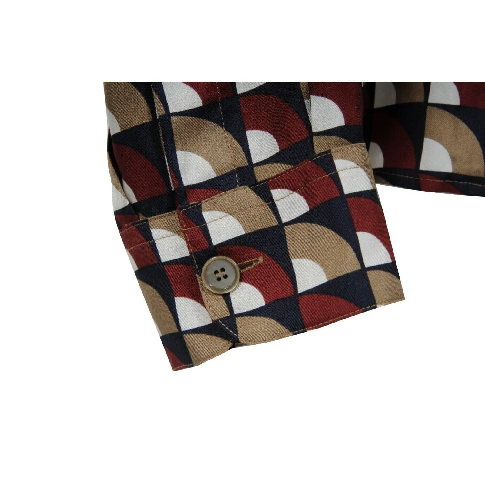 Red Tan Geometric Silk Button Down Pajama Shirt