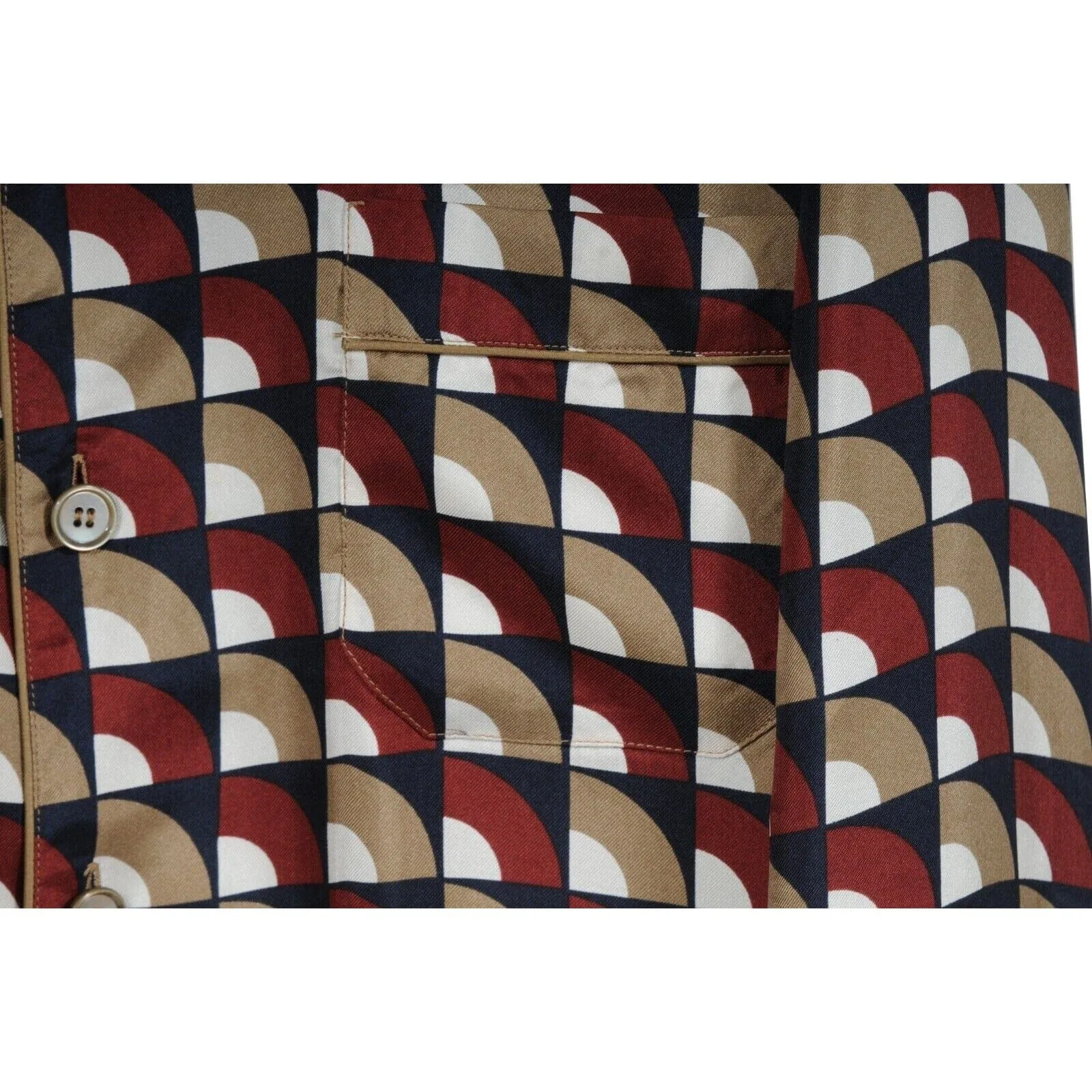 Red Tan Geometric Silk Button Down Pajama Shirt