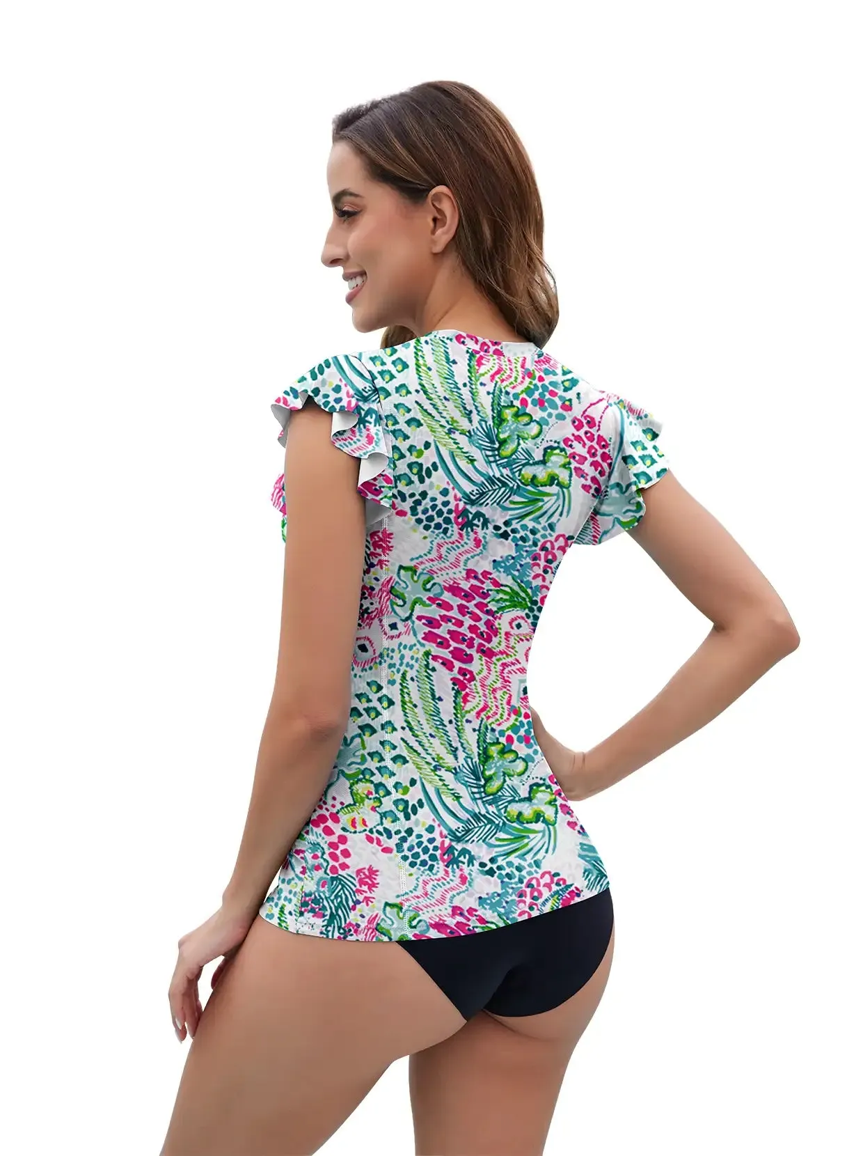 Retro Botanical Quartetzip Ruffled Sleeveless Rash Guard For Women
