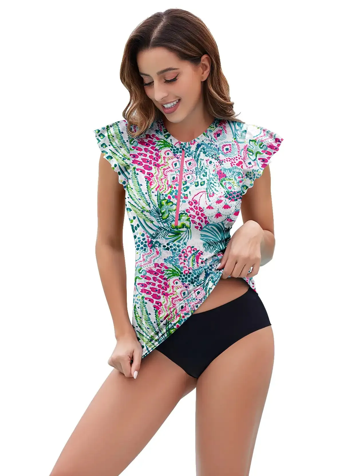 Retro Botanical Quartetzip Ruffled Sleeveless Rash Guard For Women