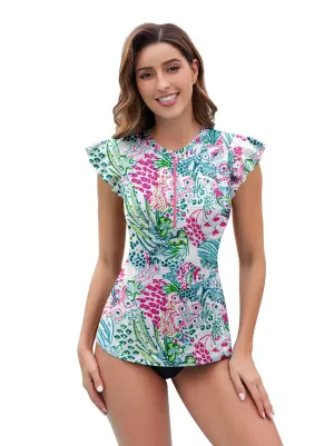 Retro Botanical Quartetzip Ruffled Sleeveless Rash Guard For Women