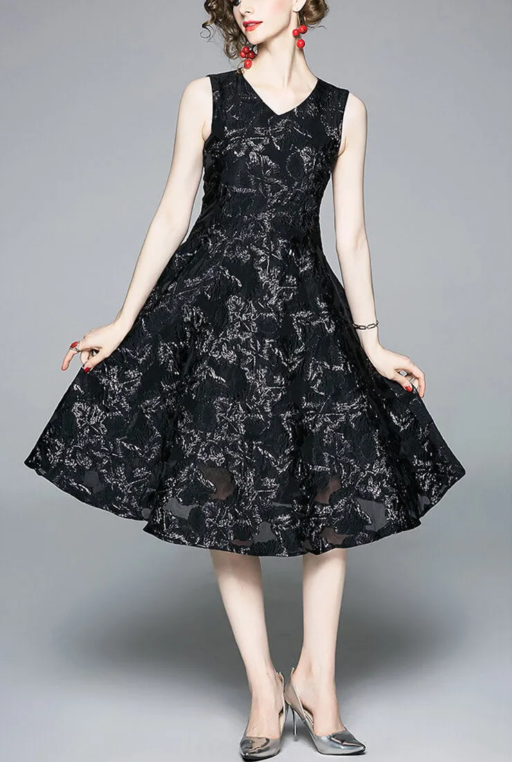 Retro V-neck Gauze Jacquard Sleeveless Dress