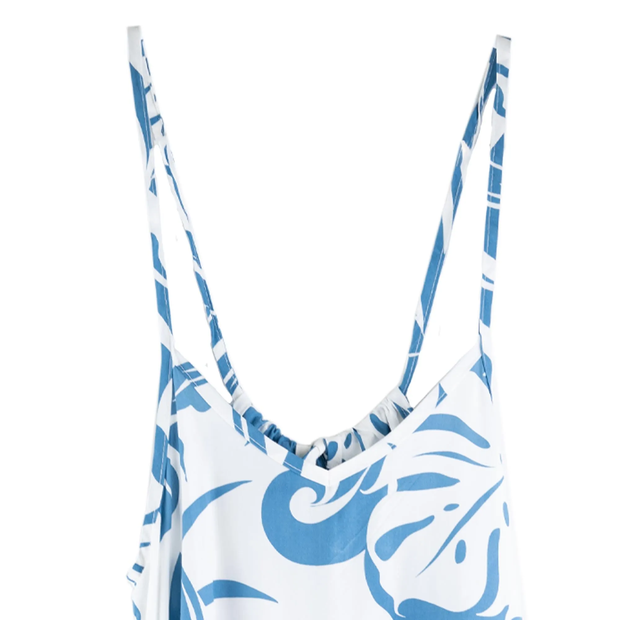 RJC Ladies Hawaiian Spaghetti Strap Plumeria Print Dress- Blue