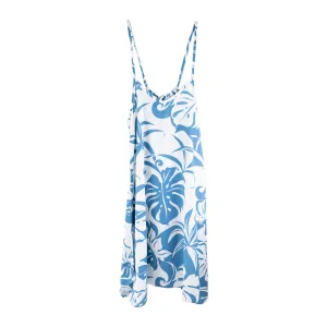 RJC Ladies Hawaiian Spaghetti Strap Plumeria Print Dress- Blue