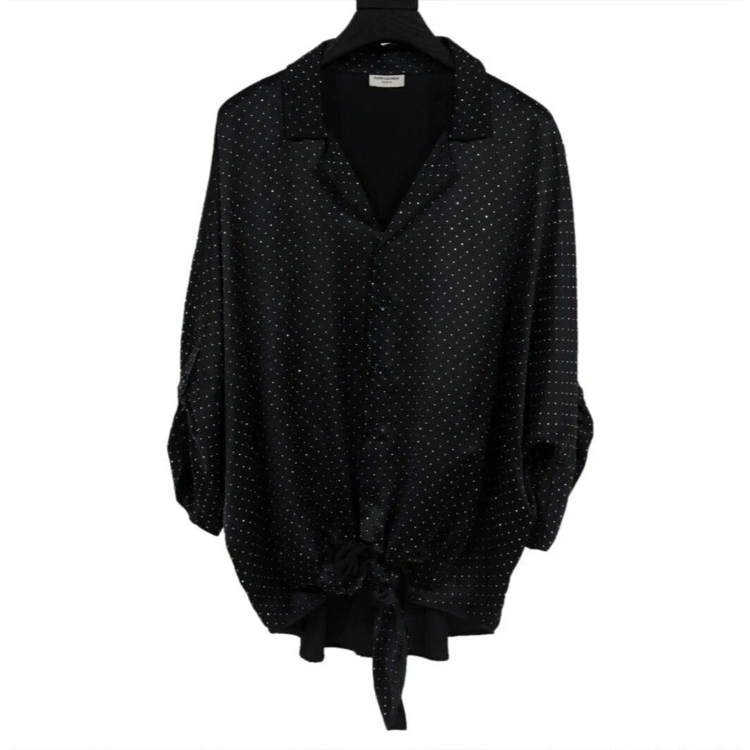 Runway Oversized Studded Button Down Shirt IT 41 16 Front Tie Silk