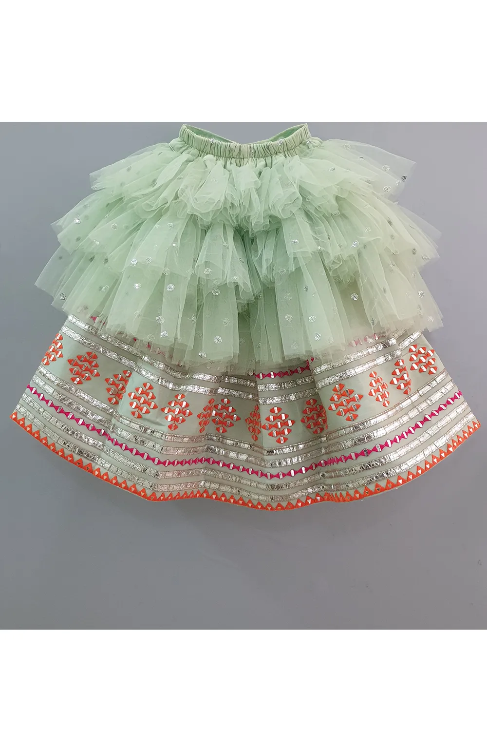 Sea green embroidered choli and lehenga with frilly dupatta