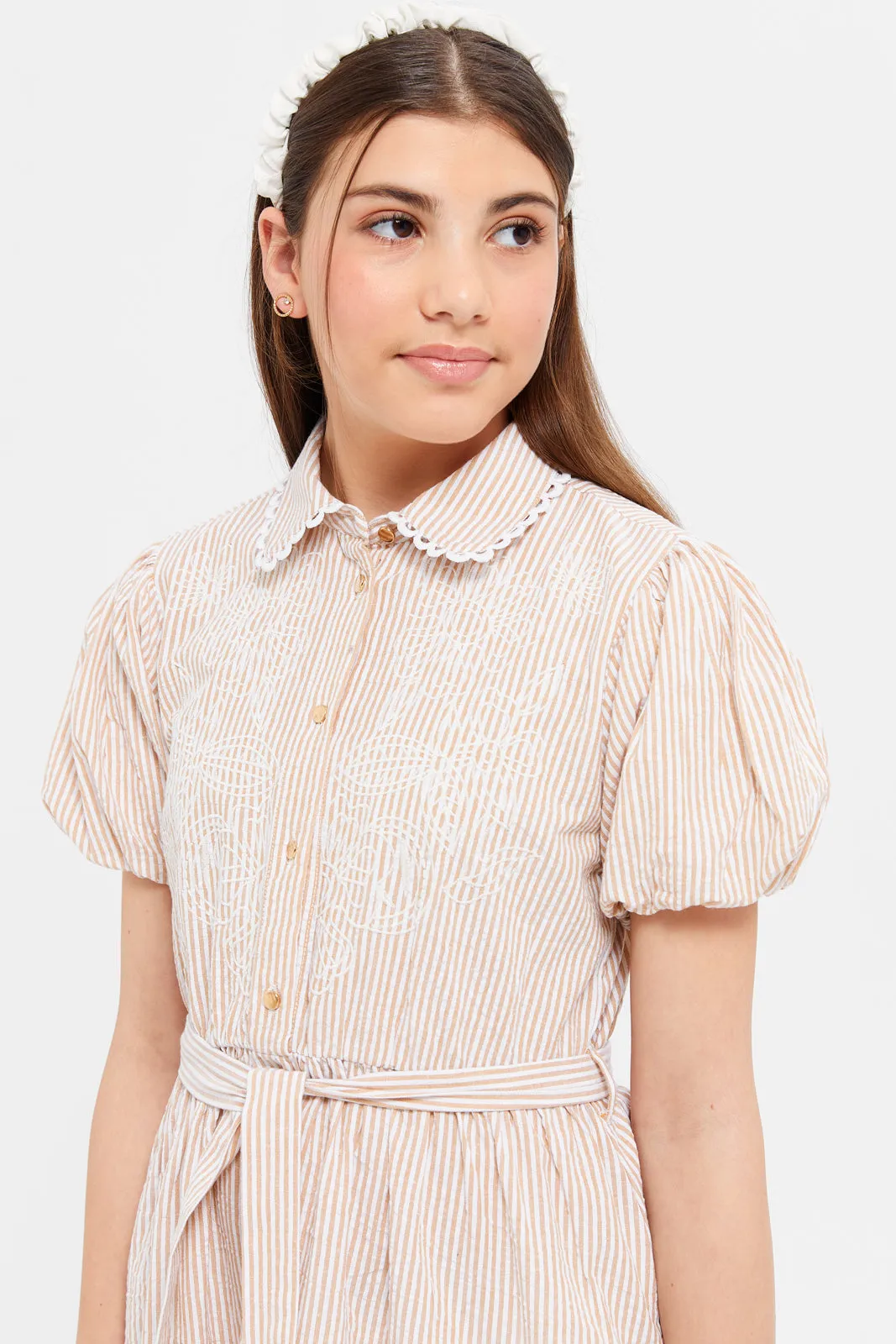 Senior Girls Beige And White Stripe Embroidered Dress