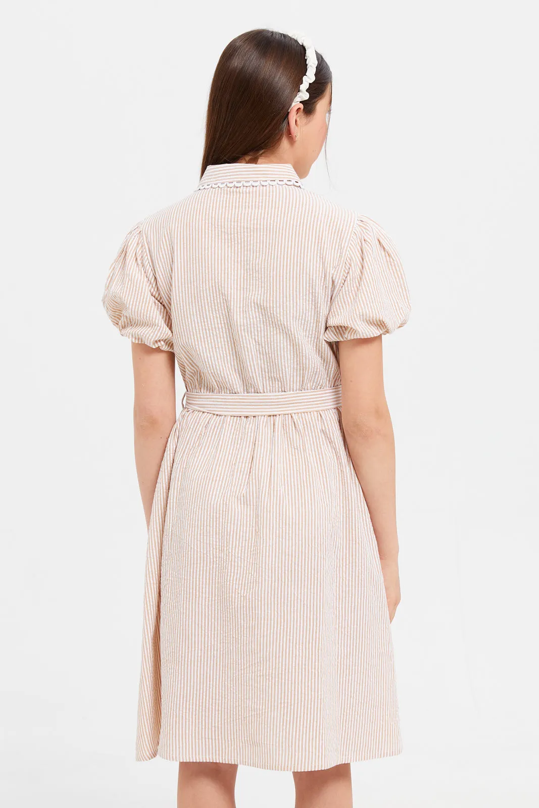 Senior Girls Beige And White Stripe Embroidered Dress
