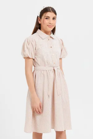 Senior Girls Beige And White Stripe Embroidered Dress