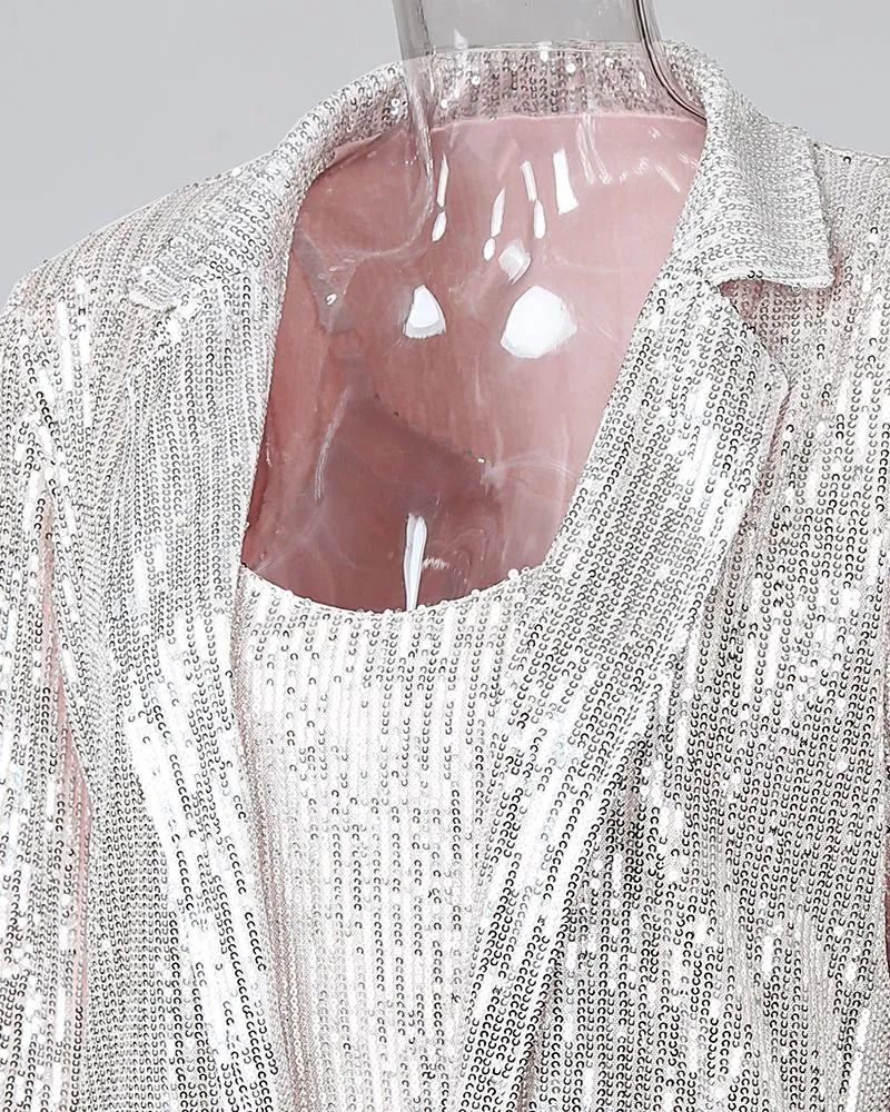 Sequin Ruffles Top & Long Sleeve Blazer Coat Set