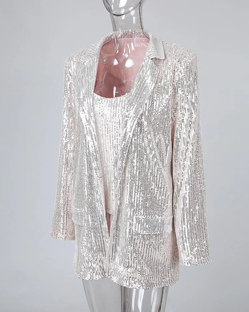 Sequin Ruffles Top & Long Sleeve Blazer Coat Set