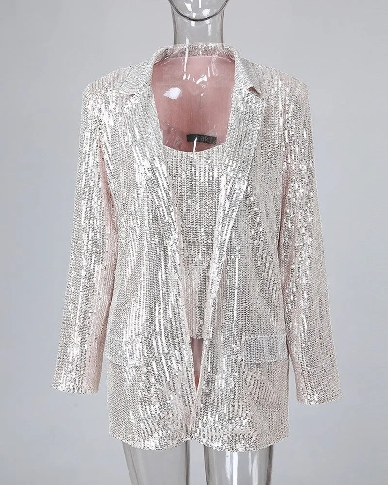 Sequin Ruffles Top & Long Sleeve Blazer Coat Set