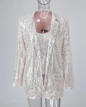 Sequin Ruffles Top & Long Sleeve Blazer Coat Set
