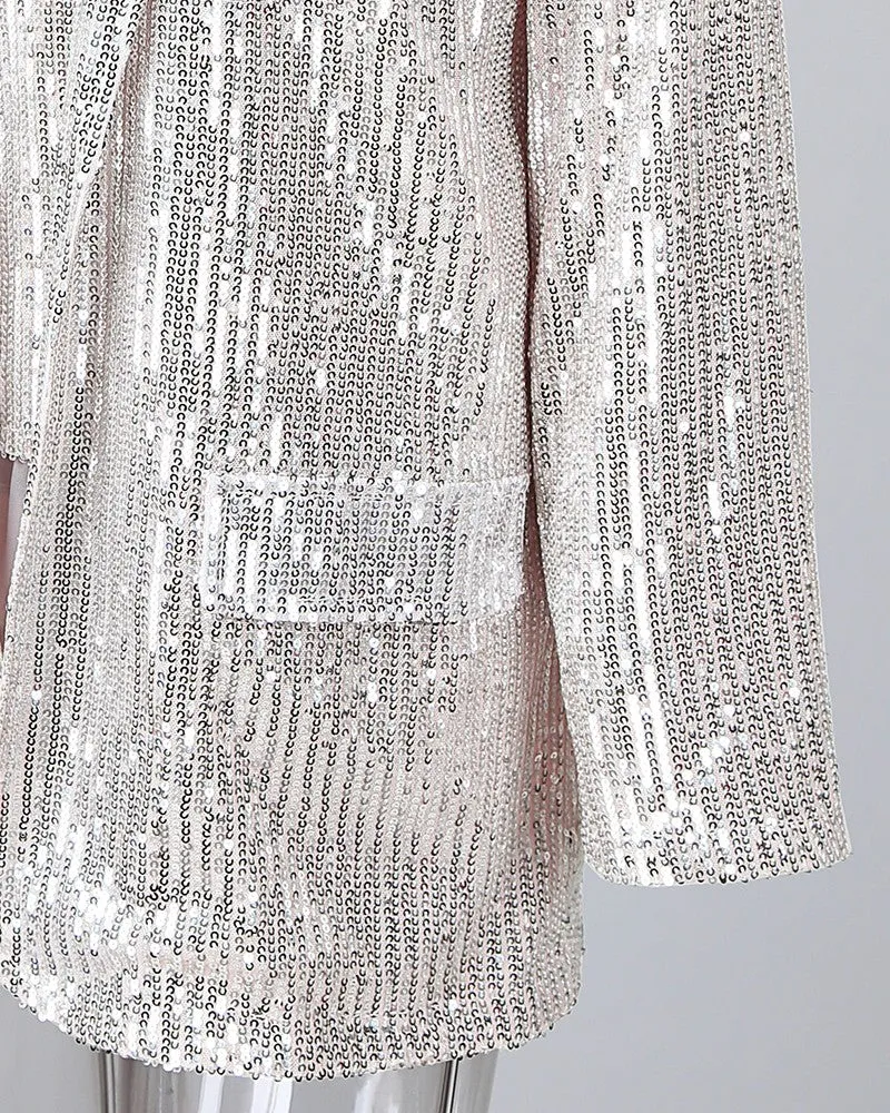 Sequin Ruffles Top & Long Sleeve Blazer Coat Set