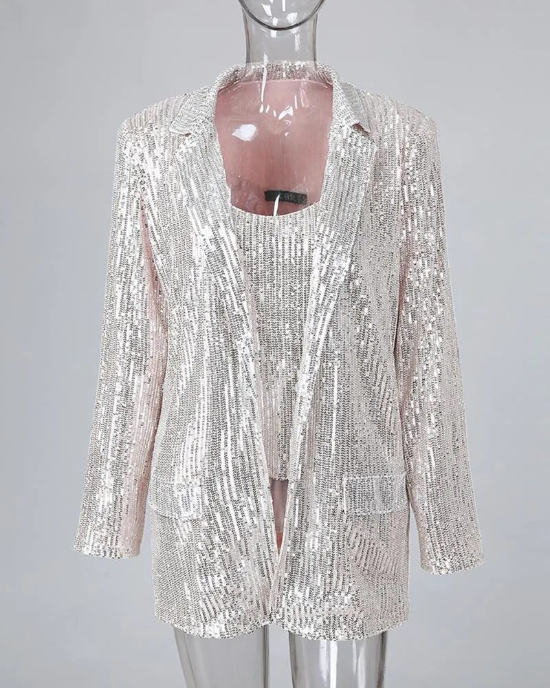 Sequin Ruffles Top & Long Sleeve Blazer Coat Set