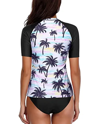 Short Sleeve Rash Guard Set With Bikini Bottom For Teen Girls-White Black Pattern