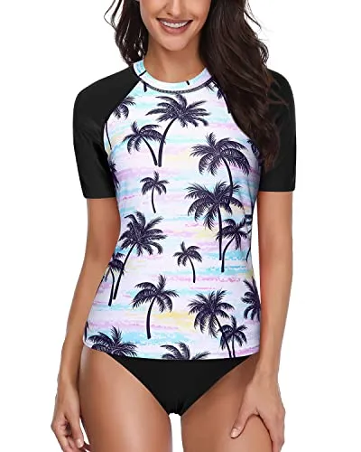 Short Sleeve Rash Guard Set With Bikini Bottom For Teen Girls-White Black Pattern