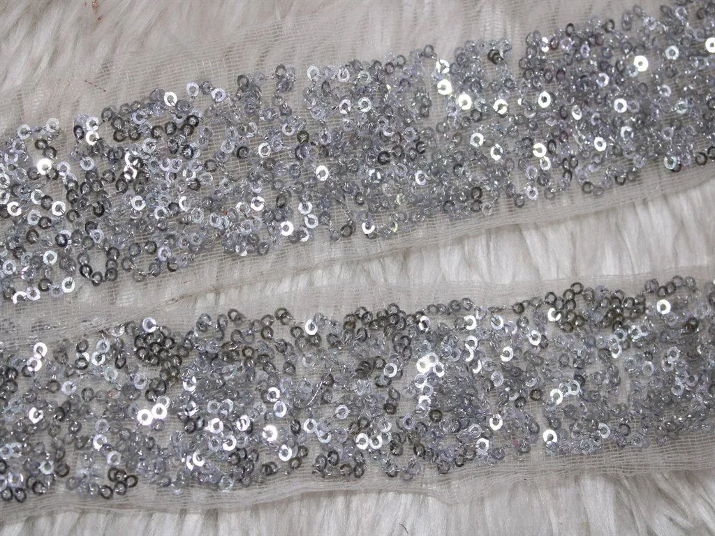 Silver Fancy Sequins Work Trim Embroidered Borders