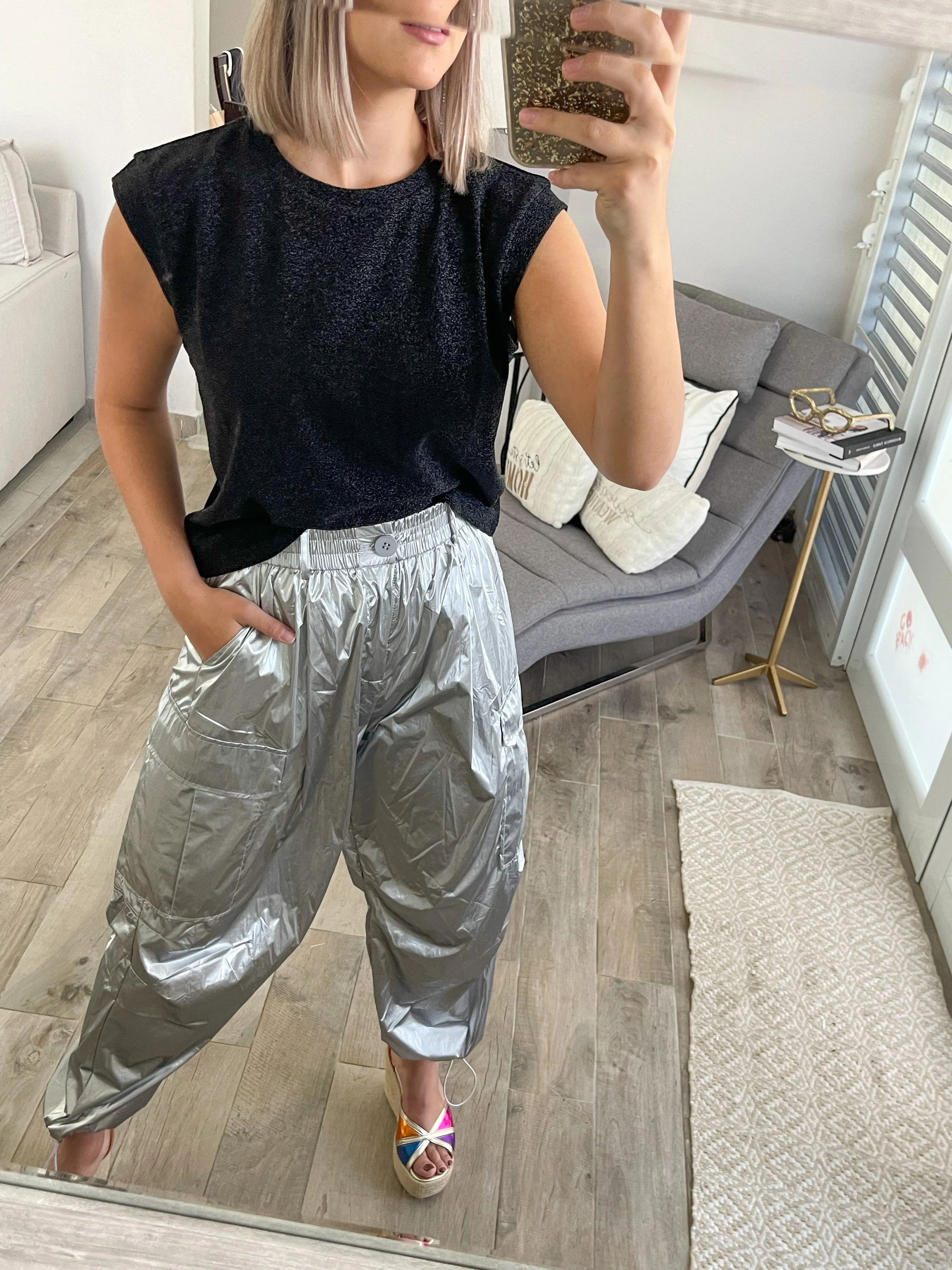 SILVER METALLIC CARGO PANTS