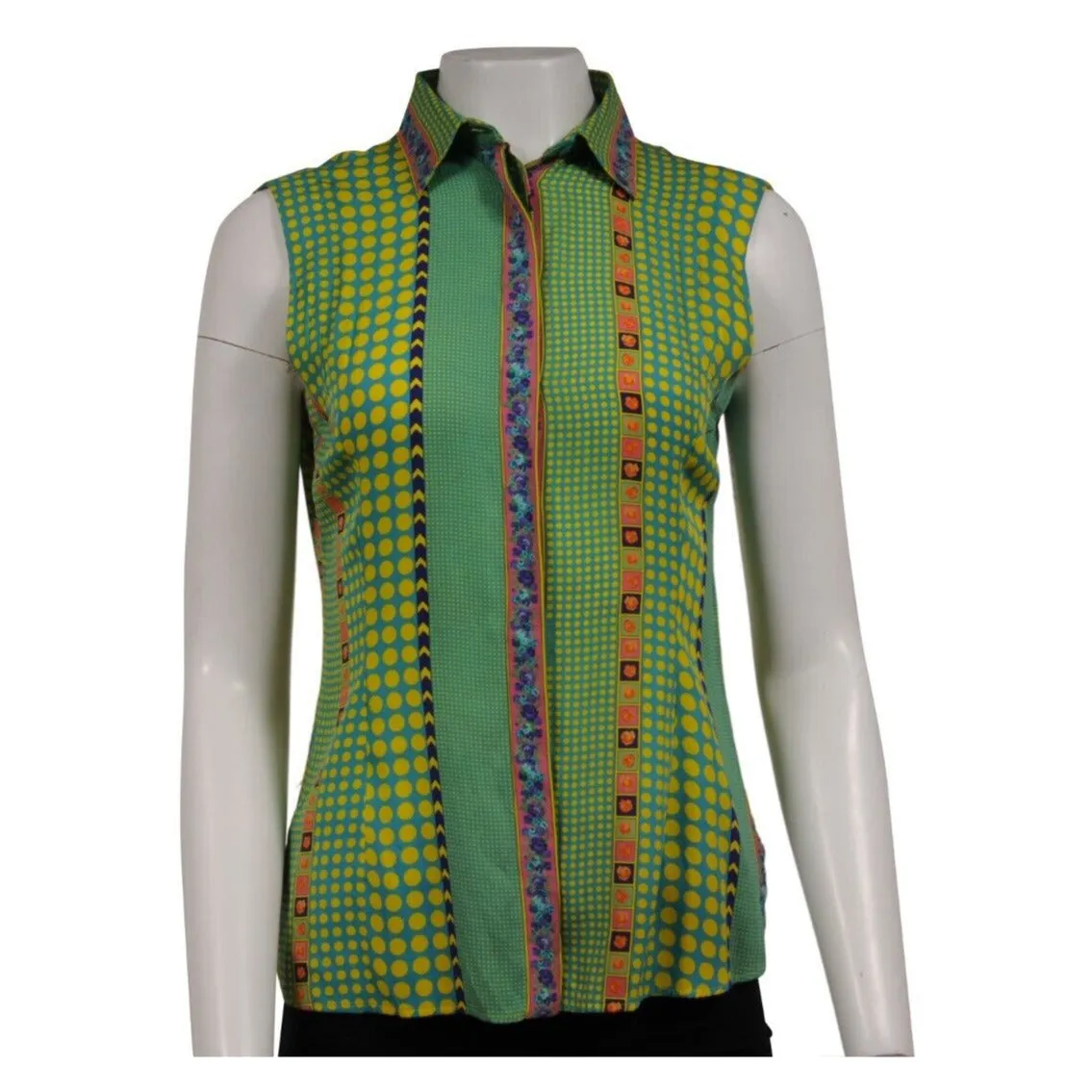 Sleeveless Button Down Shirt US 40 Green Yellow Silk