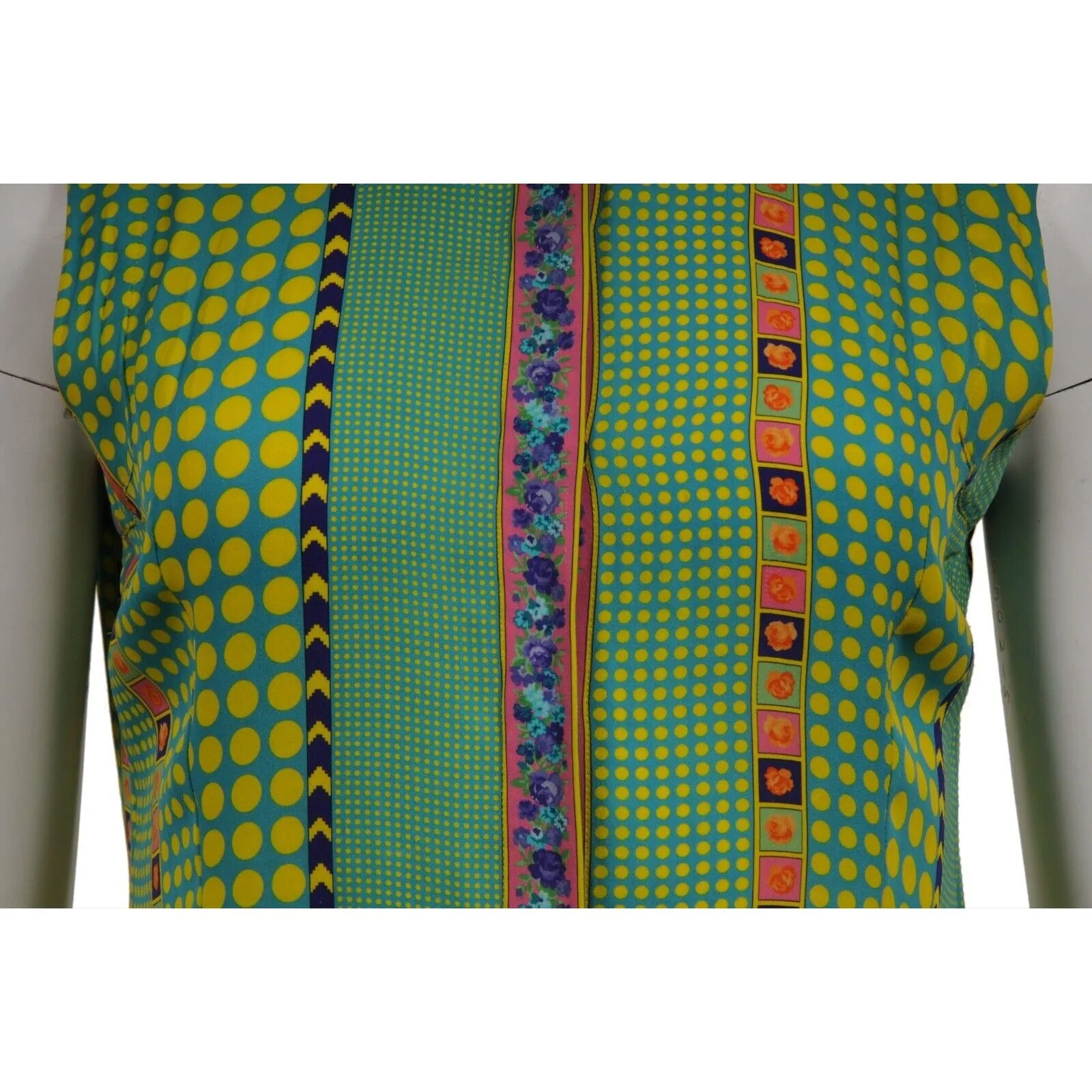 Sleeveless Button Down Shirt US 40 Green Yellow Silk