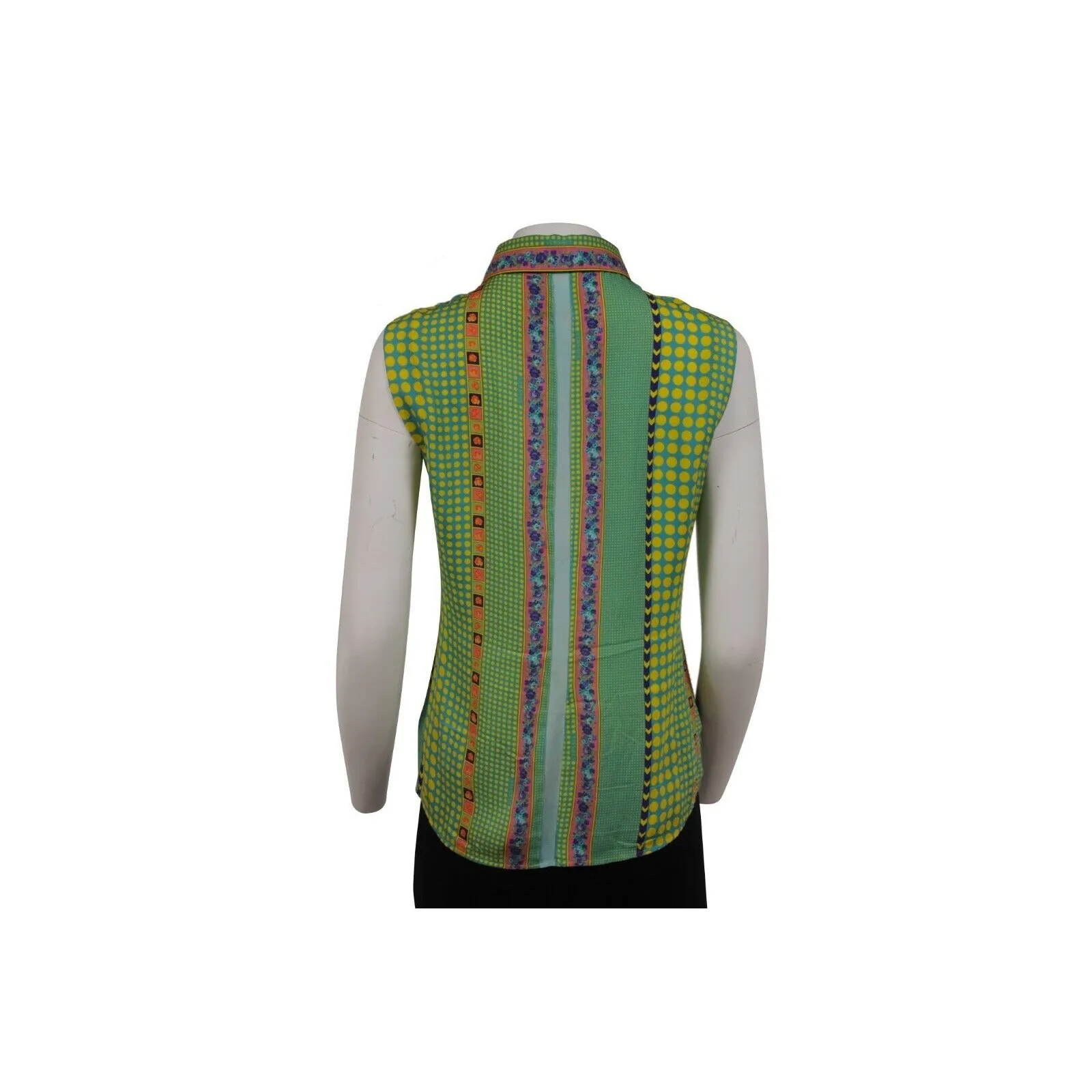 Sleeveless Button Down Shirt US 40 Green Yellow Silk
