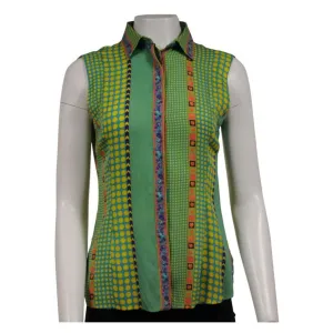 Sleeveless Button Down Shirt US 40 Green Yellow Silk