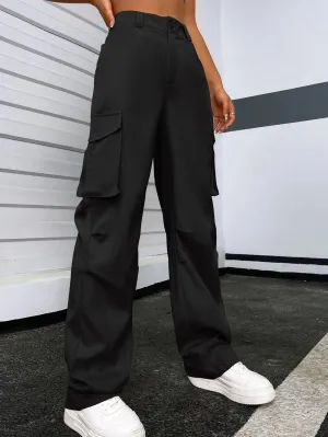 Solid Color Flap Pocket Pants