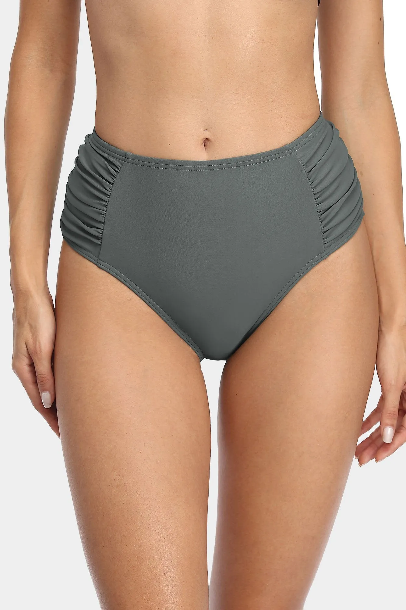 Solid High Waisted Pleated Swim Trunks