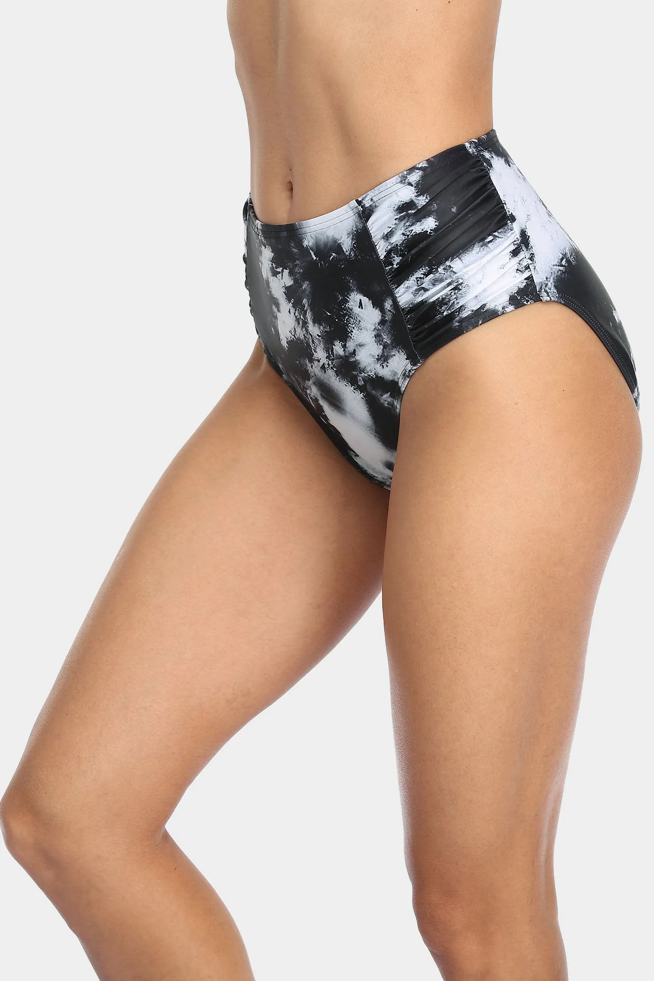 Solid High Waisted Pleated Swim Trunks