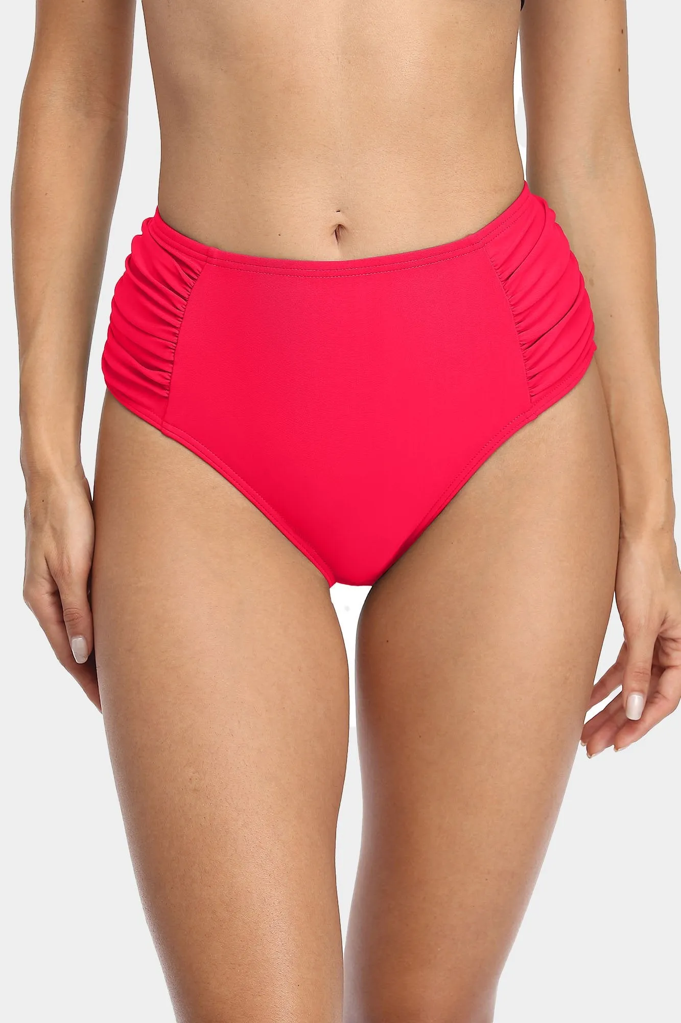 Solid High Waisted Pleated Swim Trunks