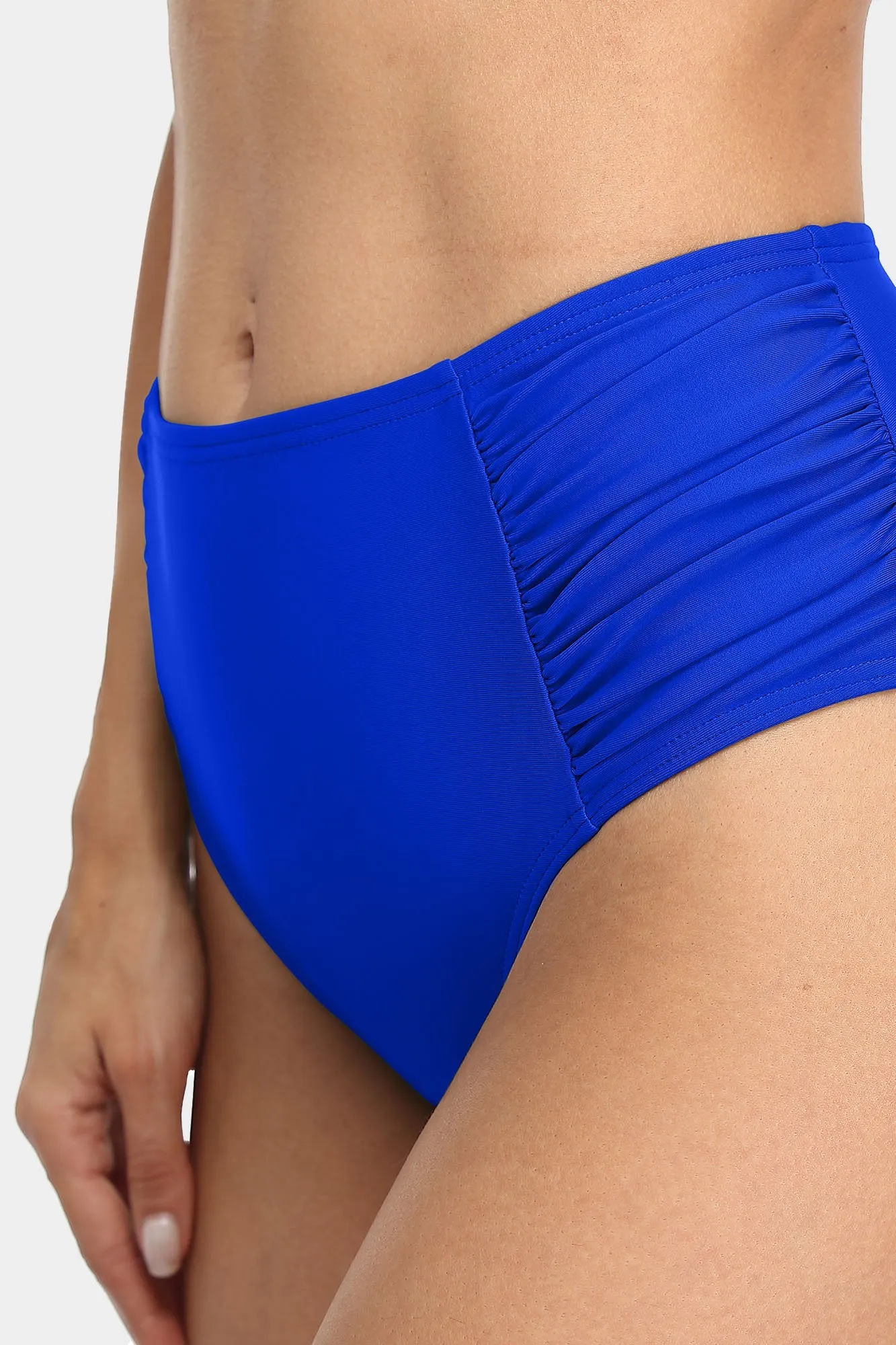Solid High Waisted Pleated Swim Trunks