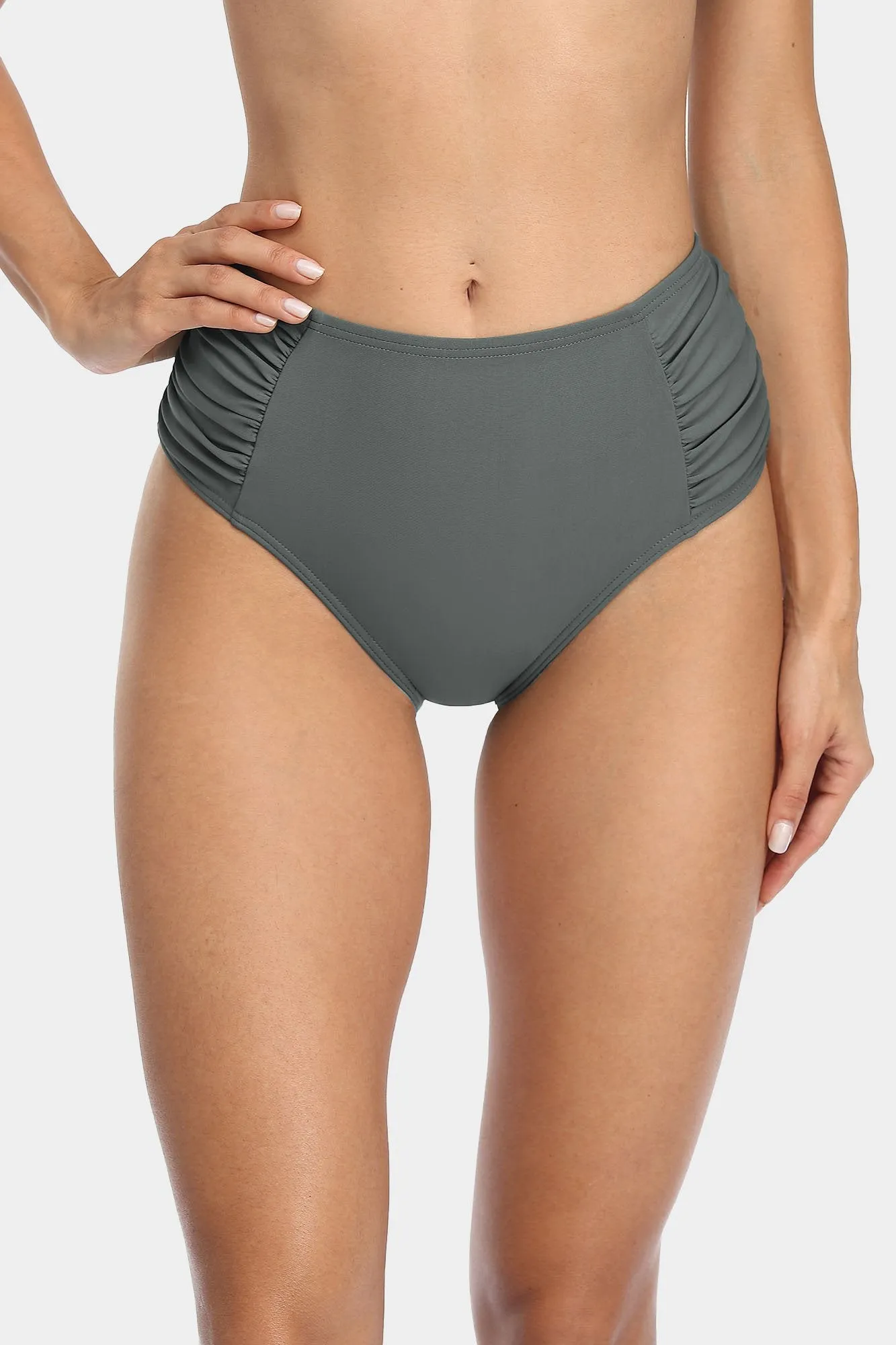 Solid High Waisted Pleated Swim Trunks