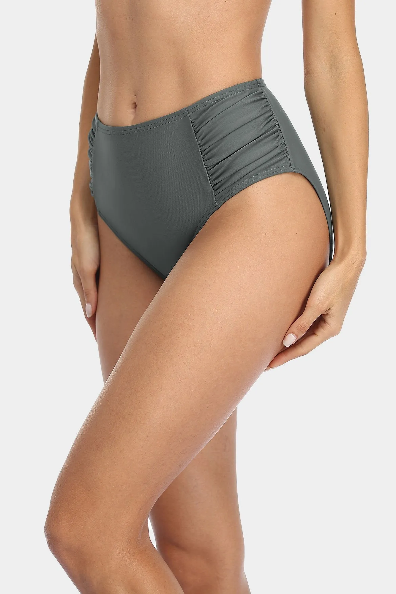 Solid High Waisted Pleated Swim Trunks