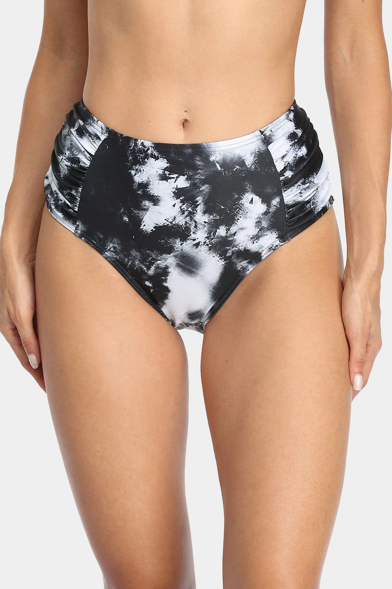 Solid High Waisted Pleated Swim Trunks