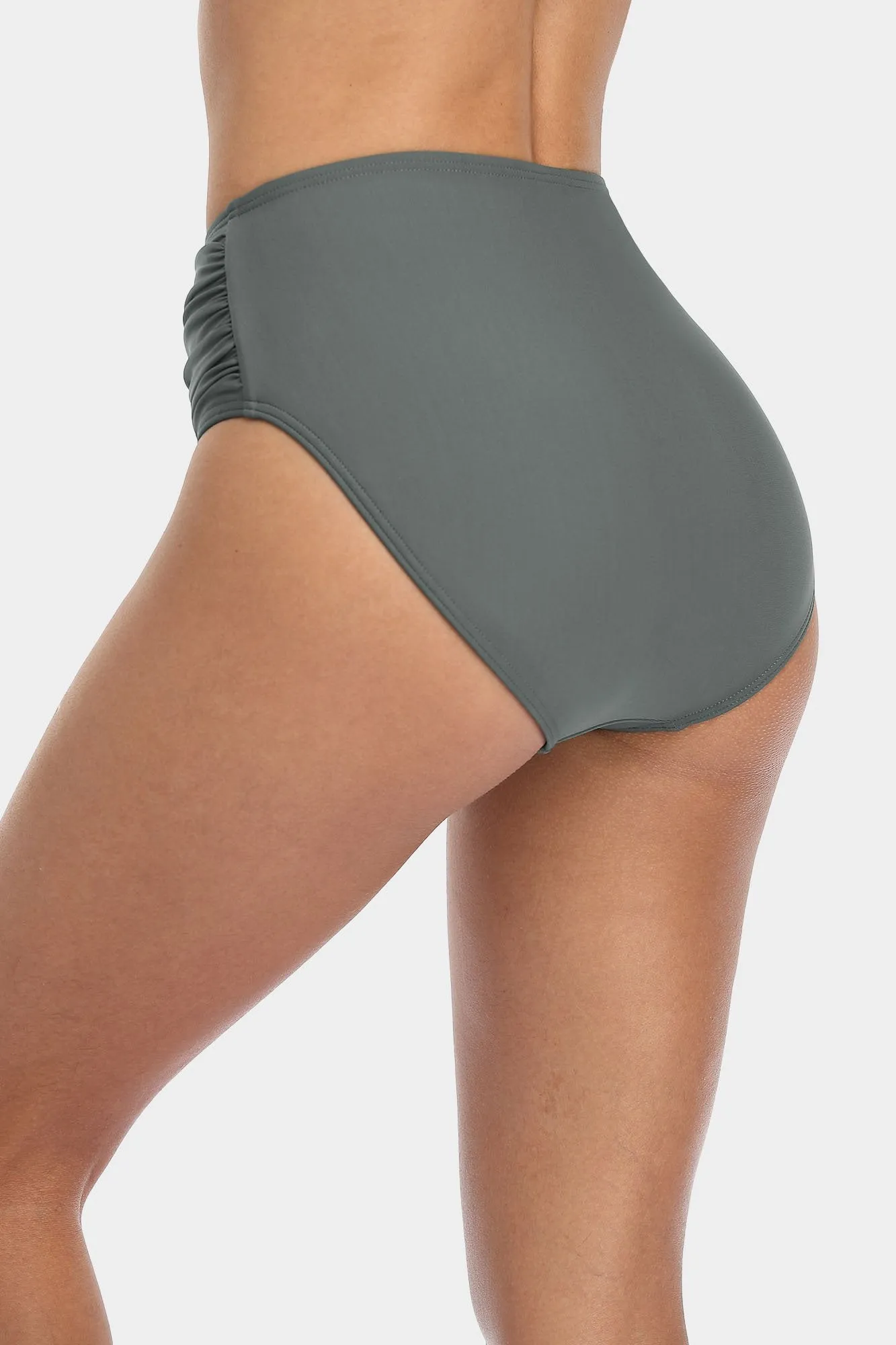 Solid High Waisted Pleated Swim Trunks