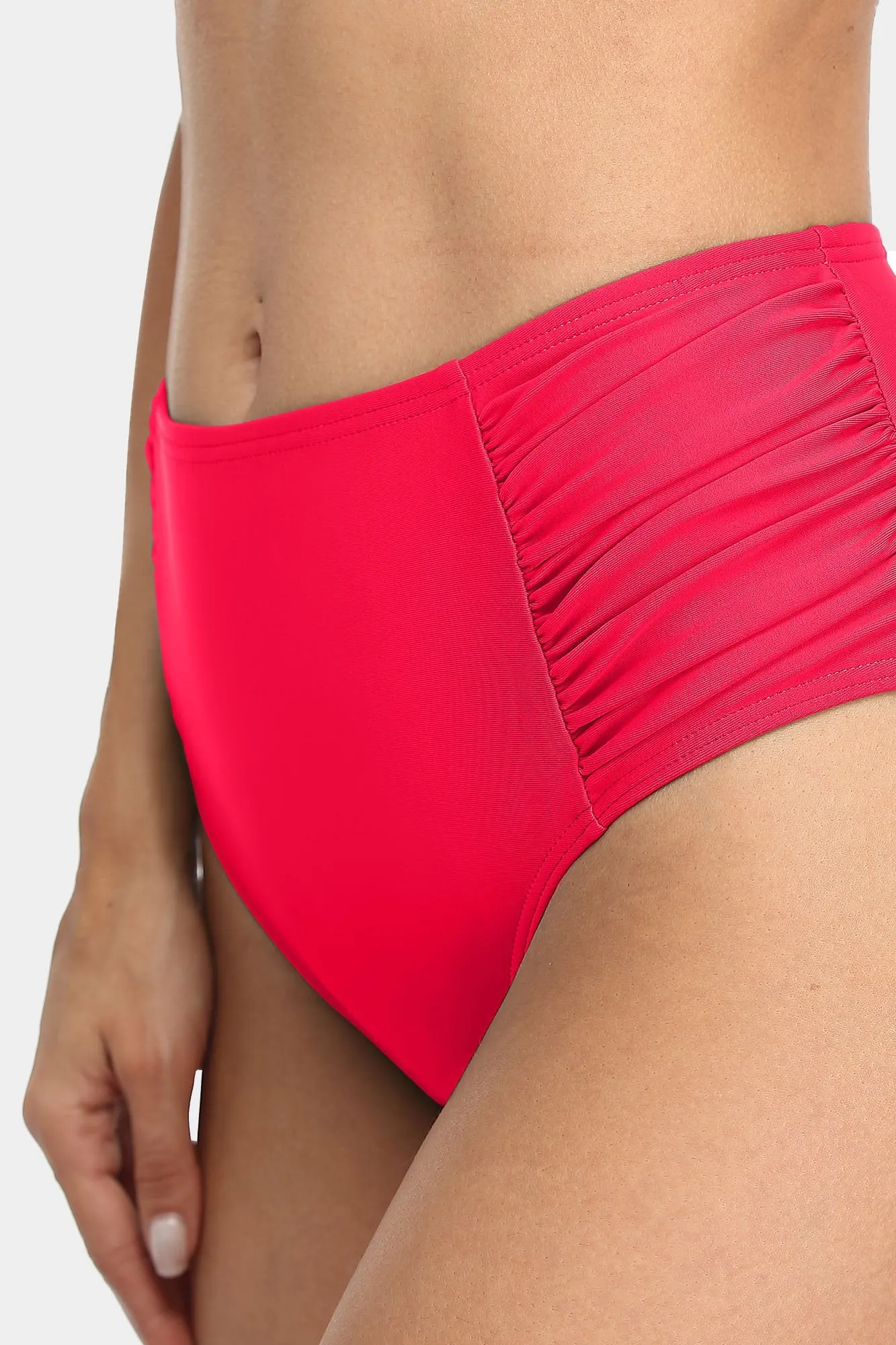 Solid High Waisted Pleated Swim Trunks