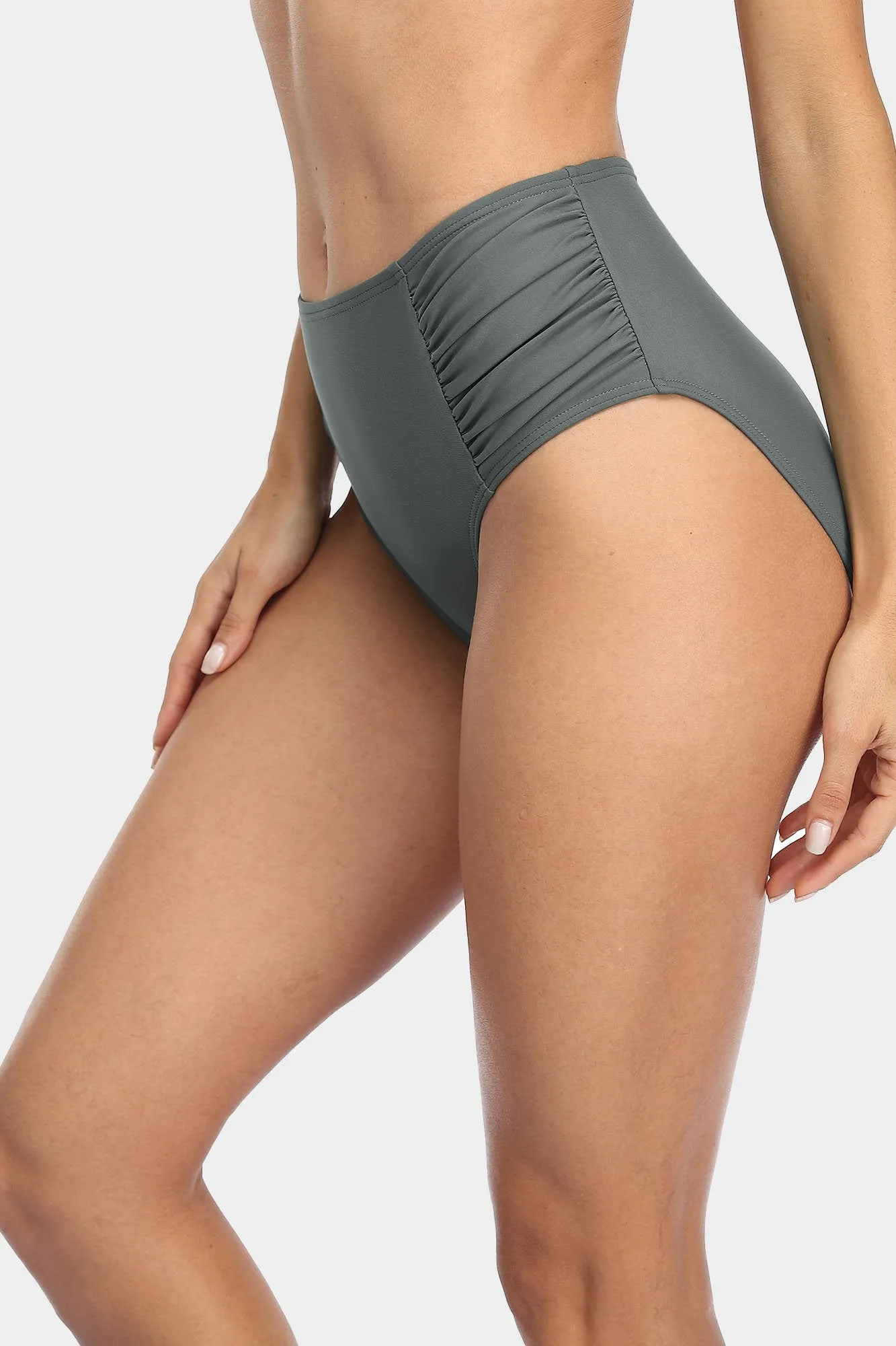 Solid High Waisted Pleated Swim Trunks