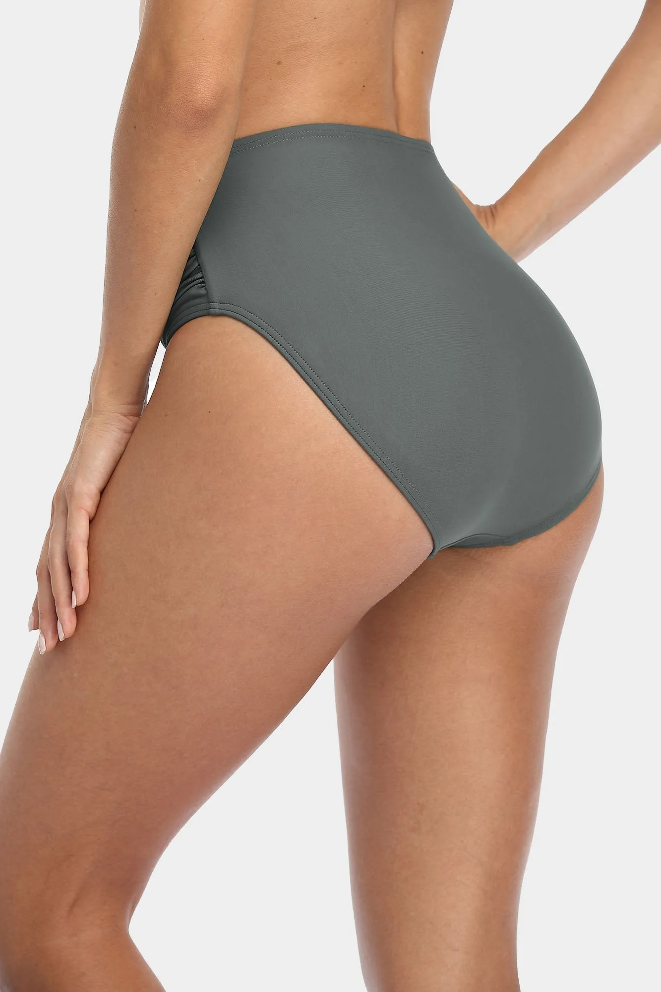 Solid High Waisted Pleated Swim Trunks