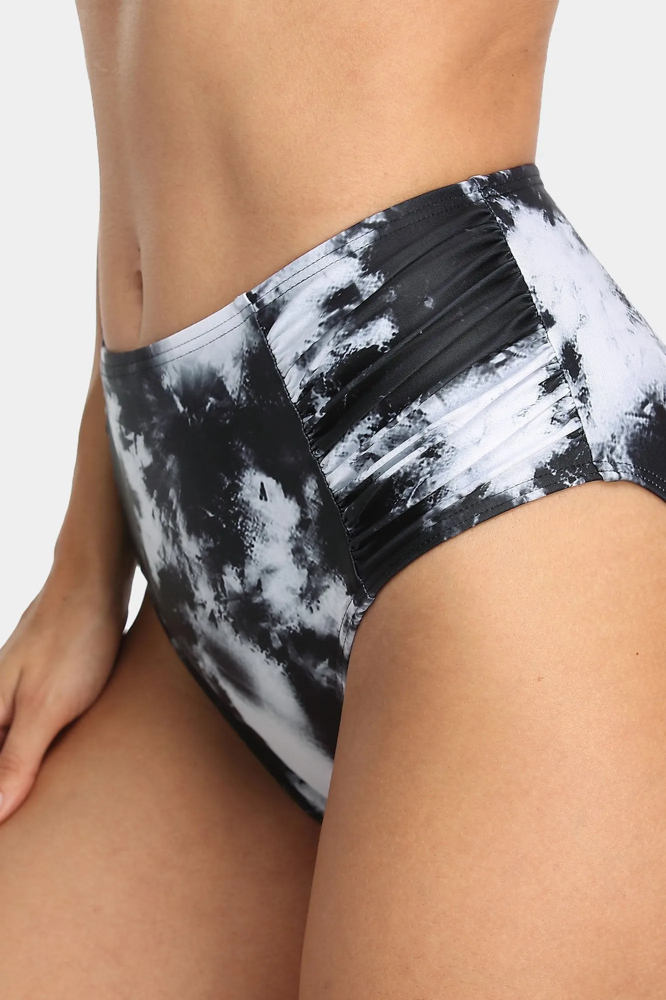 Solid High Waisted Pleated Swim Trunks