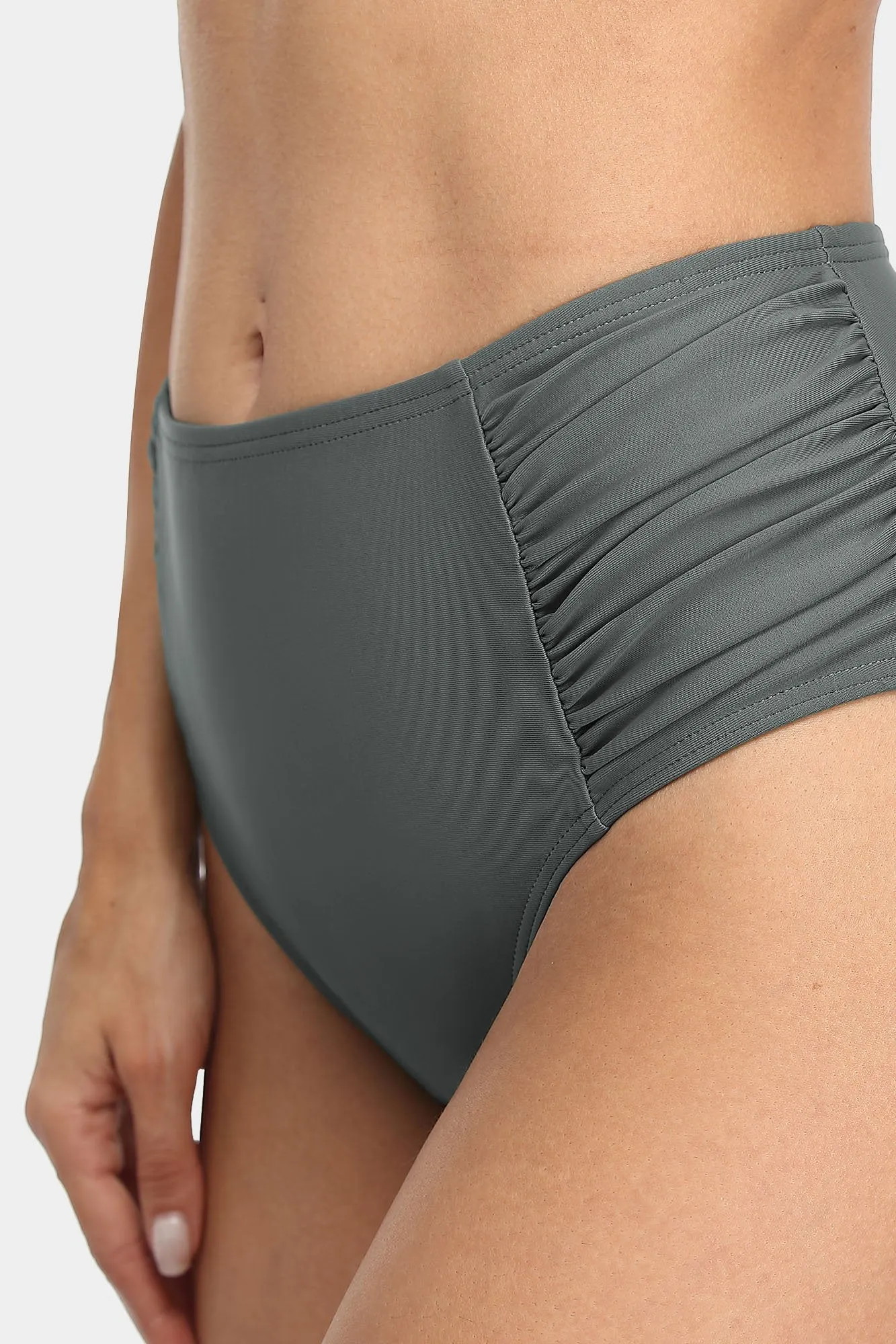 Solid High Waisted Pleated Swim Trunks