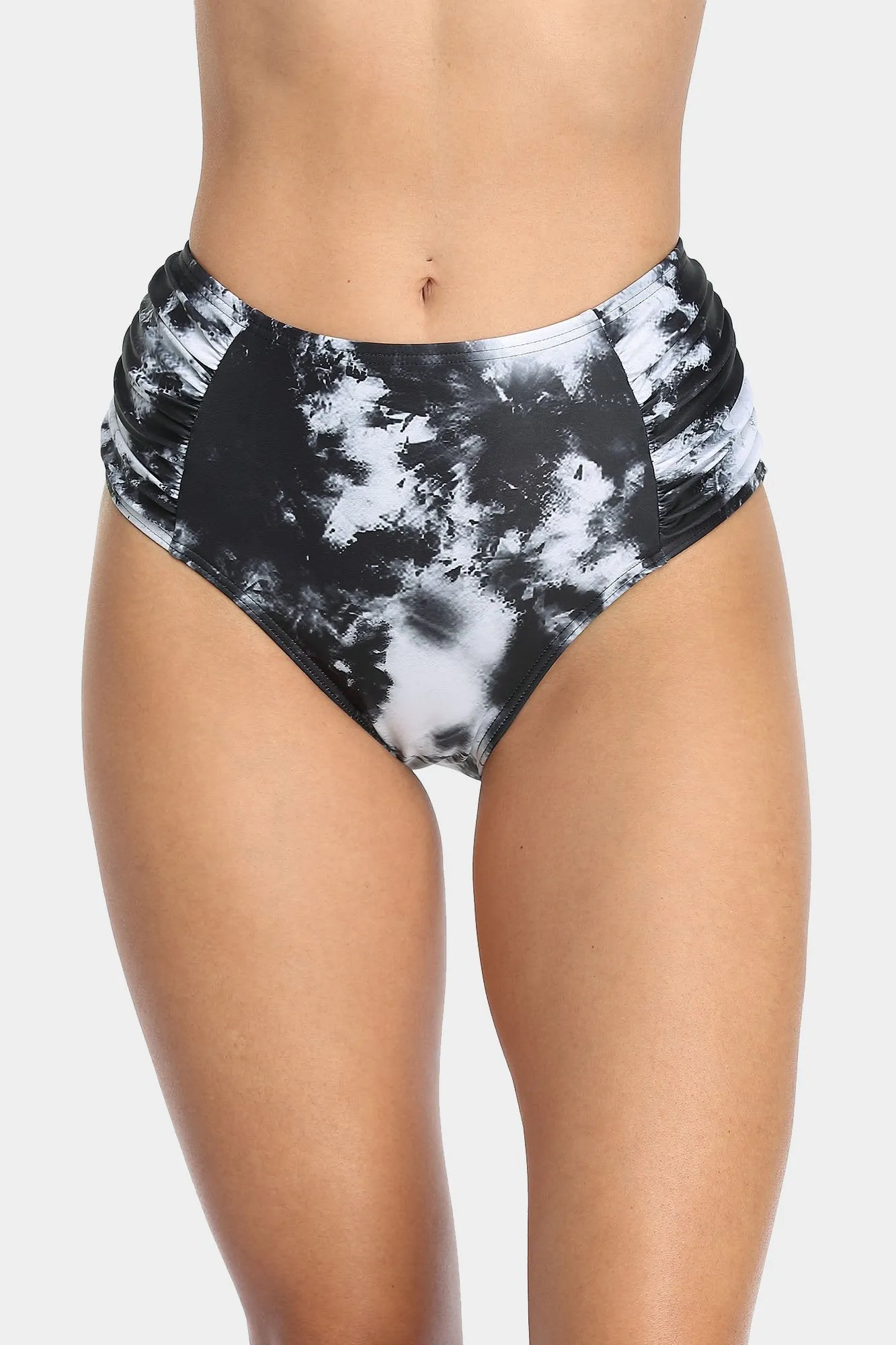 Solid High Waisted Pleated Swim Trunks