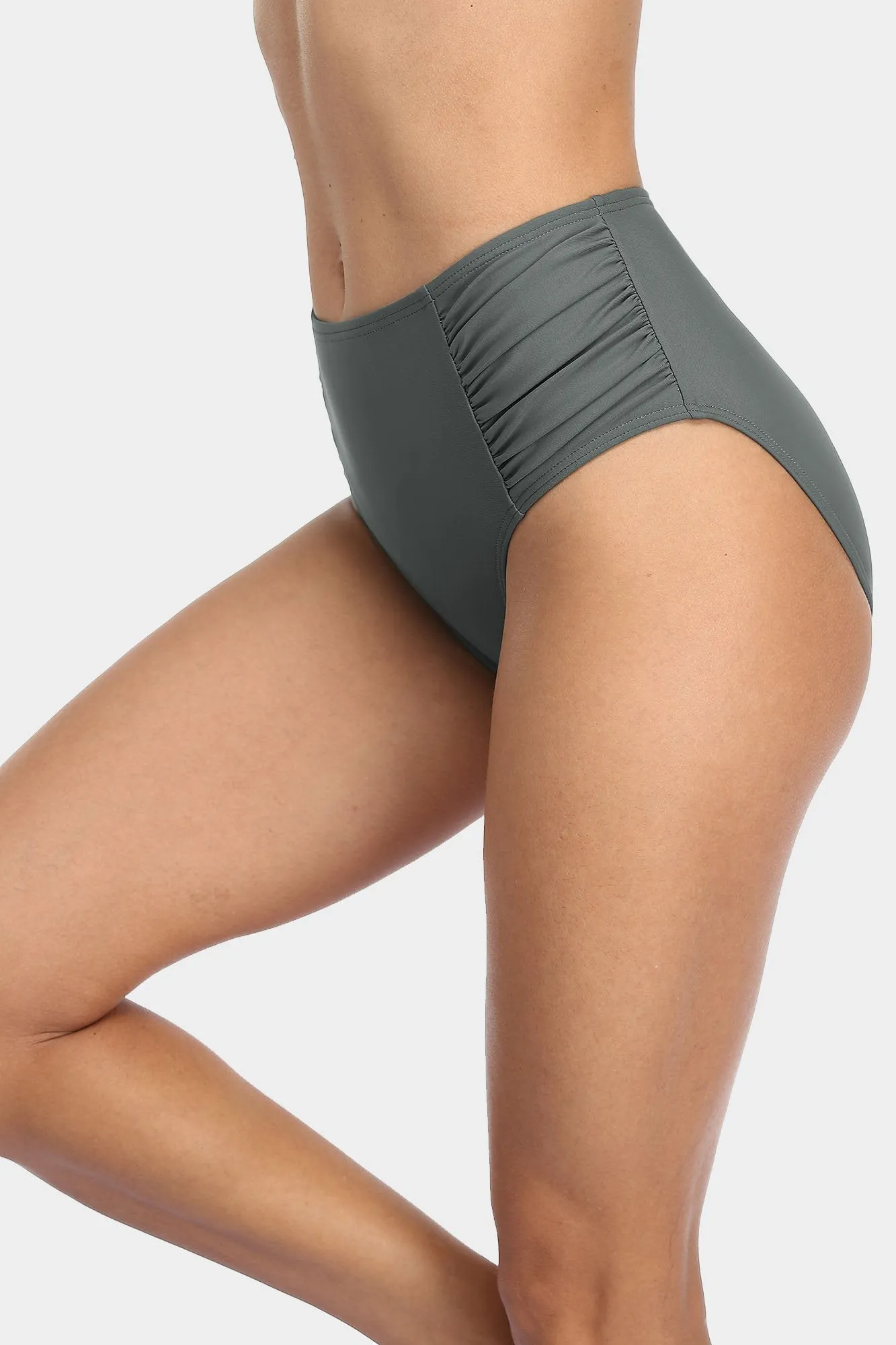 Solid High Waisted Pleated Swim Trunks