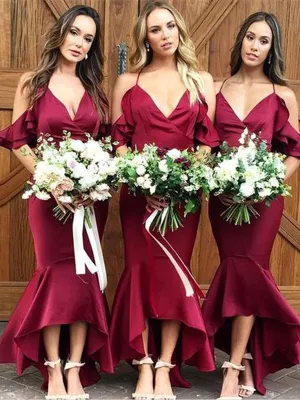 Trumpet/Mermaid Elastic Woven Satin Ruffles Spaghetti Straps Sleeveless Asymmetrical Bridesmaid Dresses