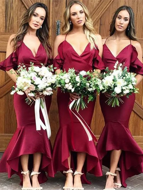 Trumpet/Mermaid Elastic Woven Satin Ruffles Spaghetti Straps Sleeveless Asymmetrical Bridesmaid Dresses