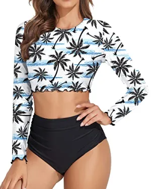 Two Piece Bathing Suits Rash Guard For Women Crop Swim Tops Shorts-Black Palm Tree