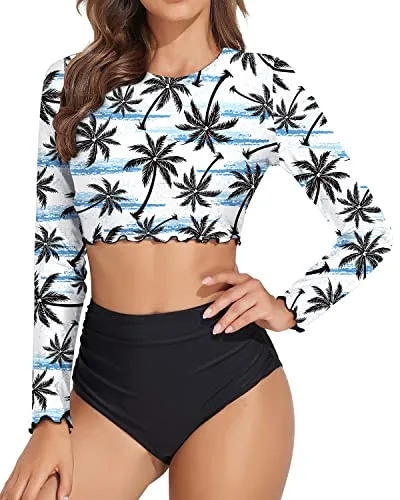 Two Piece Bathing Suits Rash Guard For Women Crop Swim Tops Shorts-Black Palm Tree
