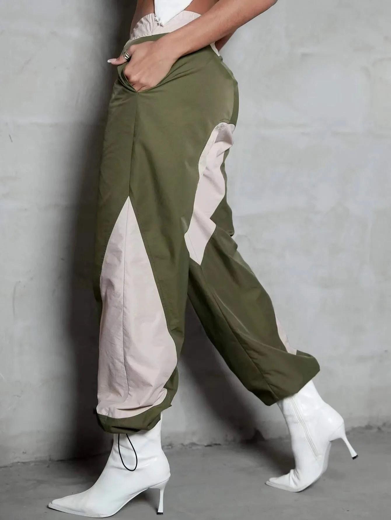 Two Tone Slant Pocket Drawstring Cargo Pants